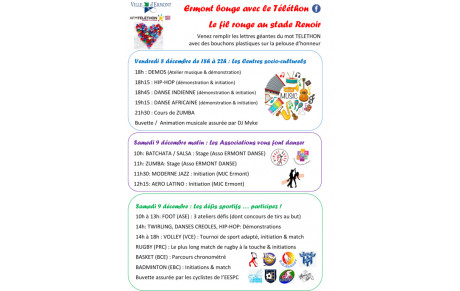 Programme Téléthon 2017 avec la participation du Parisis Rugby Club ce SAMEDI 9 DECEMBRE à ERMONT